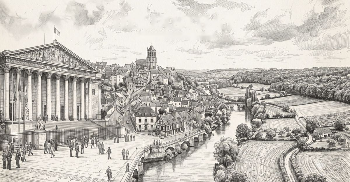 Gravure au crayon : l'Assemblée nationale, un village et sa rivière, des champs.