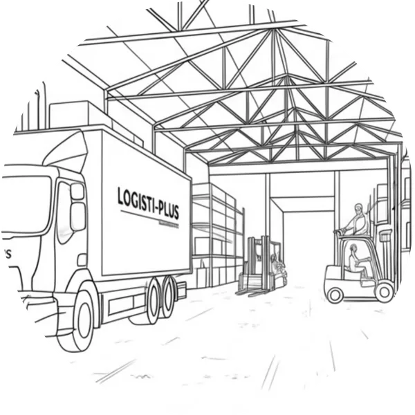 Dessin au trait : un entrepôt logistique avec un camion et un chariot élévateur.
