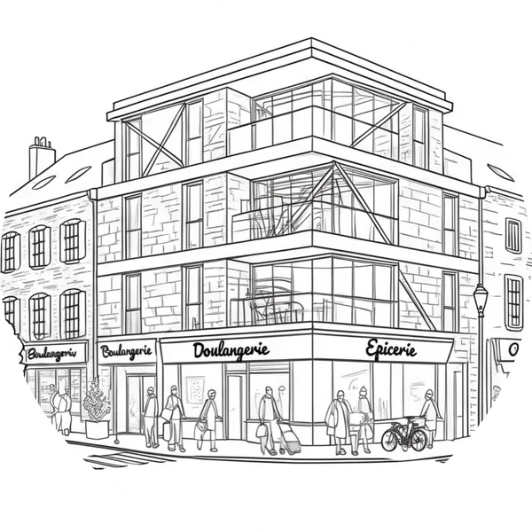 Dessin au trait : un immeuble neuf en centre-ville, avec une boulangerie et une épicerie au rez-de-chaussée.