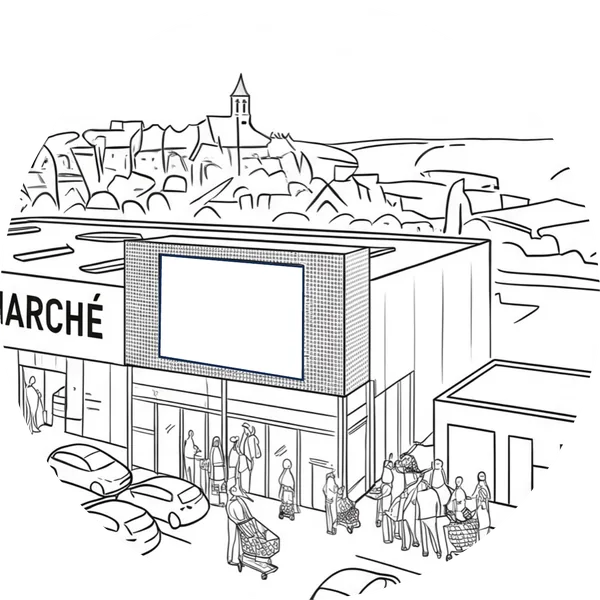Dessin au trait : un supermarché en entrée de ville, son parking et ses clients.