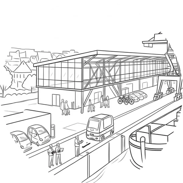 Dessin au trait : un quai fluvial avec une péniche, une grue et une halle de déchargement.